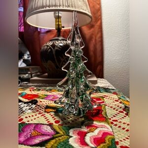 8” Vintage Clear Green Ribboned Art Glass Christmas Tree